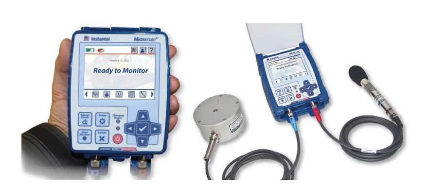 Instantel Micromate seismograph with a triaxial geophone and a microphone