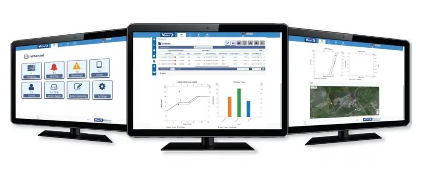 Instantel Vision software showing alarms, an events list, PPV charts and a site map